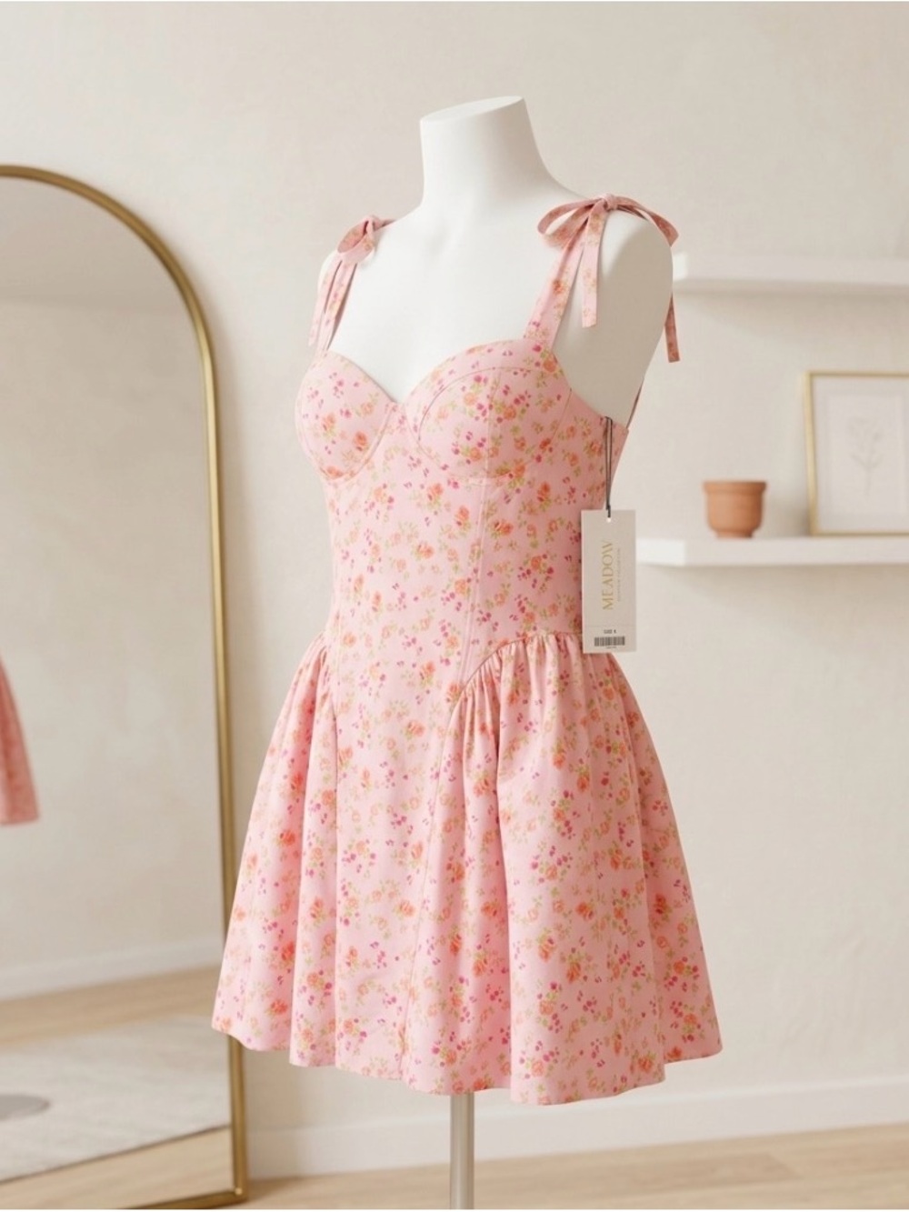 NWT Iris Pink Floral Corset Tie-Shoulder Mini Sundress Women’s Size Large